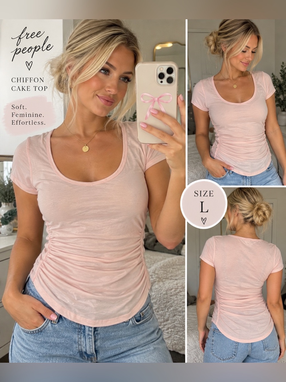 Free People Chiffon Cake Blush Pink Scoop Neck Top Size L NWT